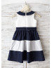 Ivory Navy Blue Stripe Taffeta Knee Length Flower Girl Dress Ivory Navy Blue Stripe Taffeta Knee Length Flower Girl Dress